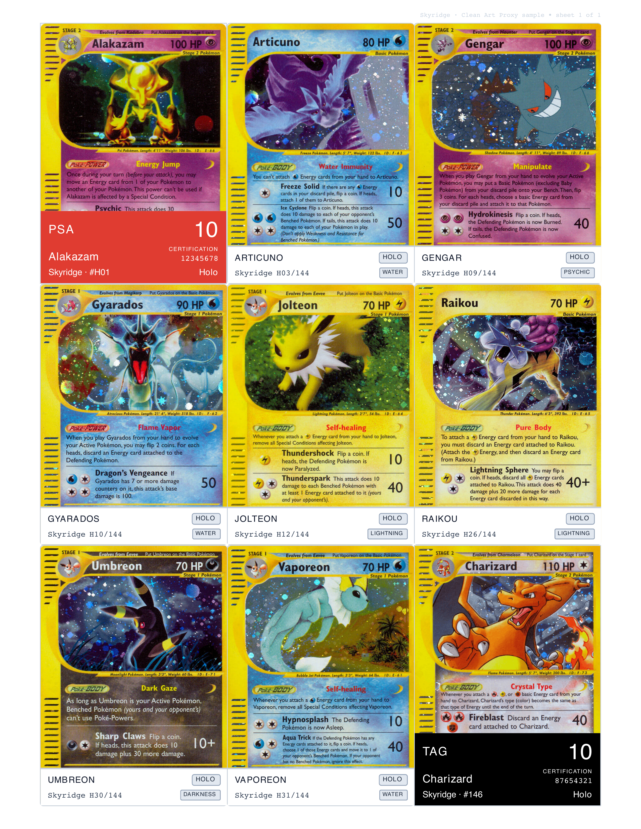 Actual watermark-free Art Proxy PDF sheet with nine Skyridge placeholders